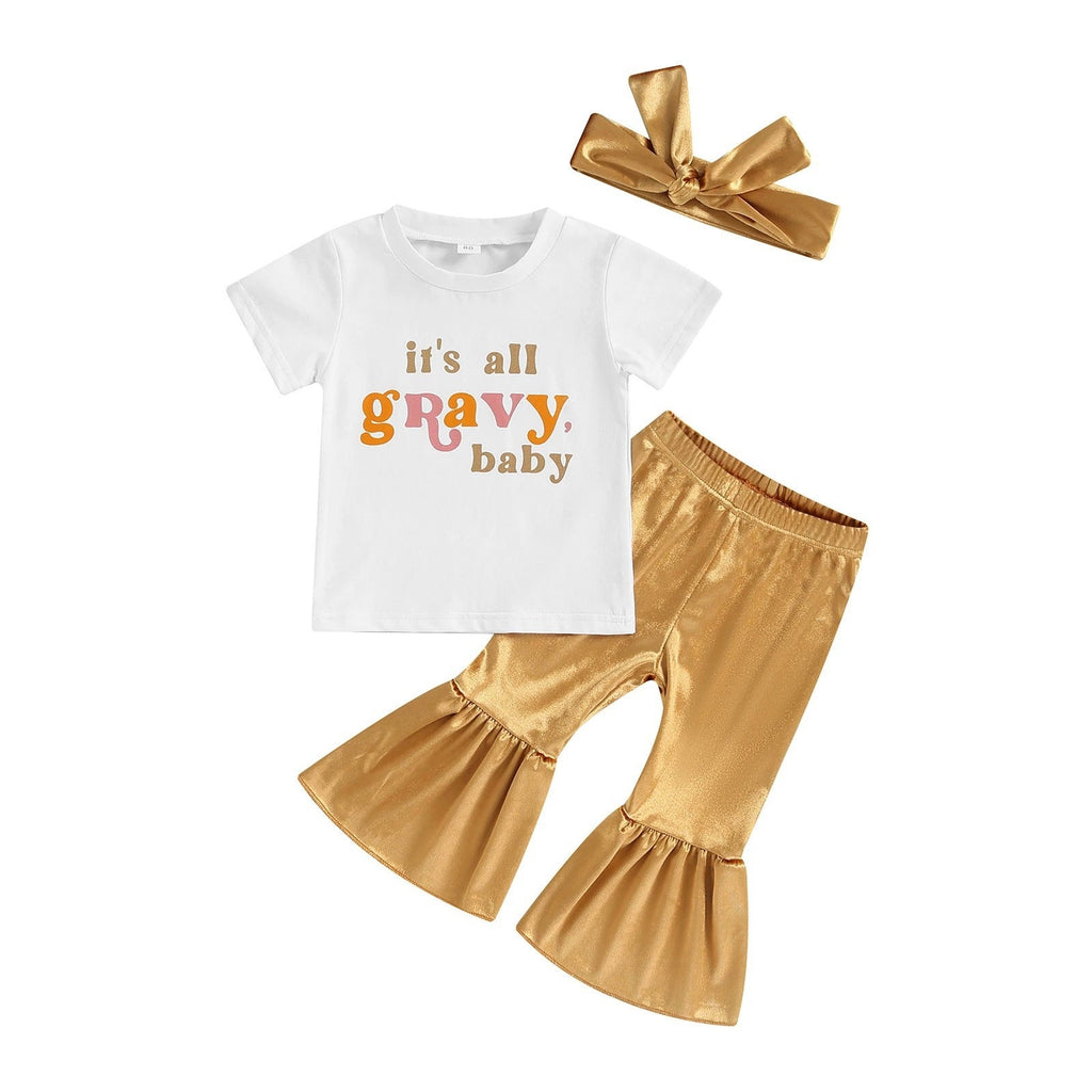 9months-4years Toddler Girl Sets Children Short Sleeve Letter T-Shirt & Gold Velvet Flared Pants & Hairband Three-piece Children's Suit - PrettyKid