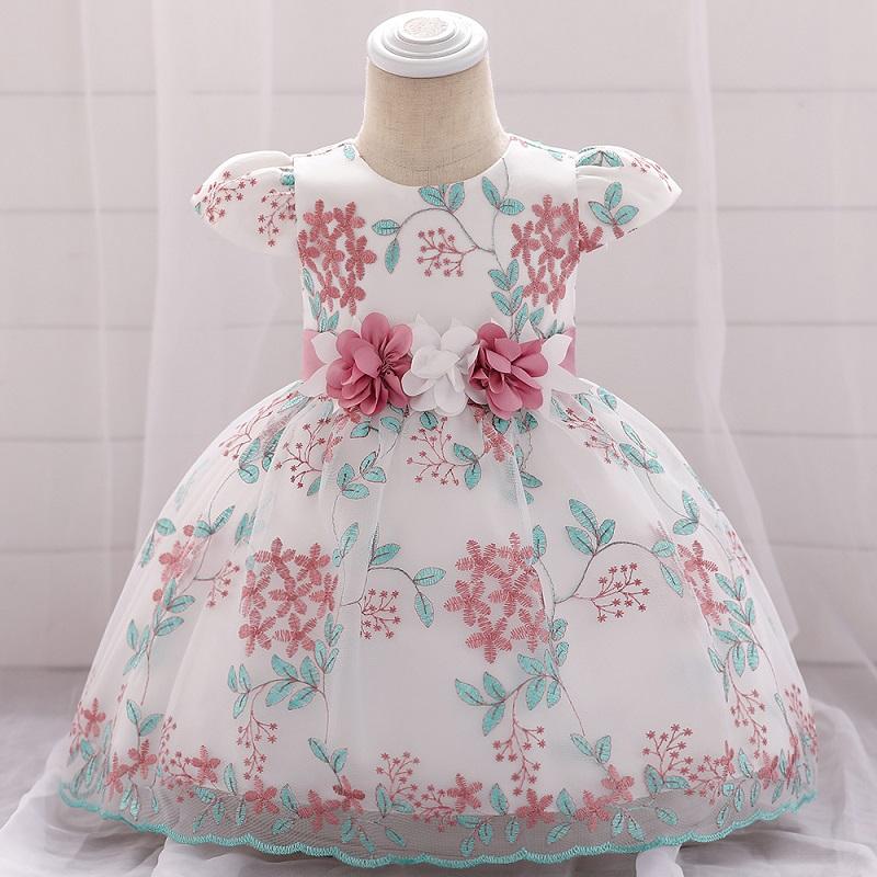 Baby Girl 3D Flower Decor Embroidered Floral Print Mesh Formal Dress - PrettyKid