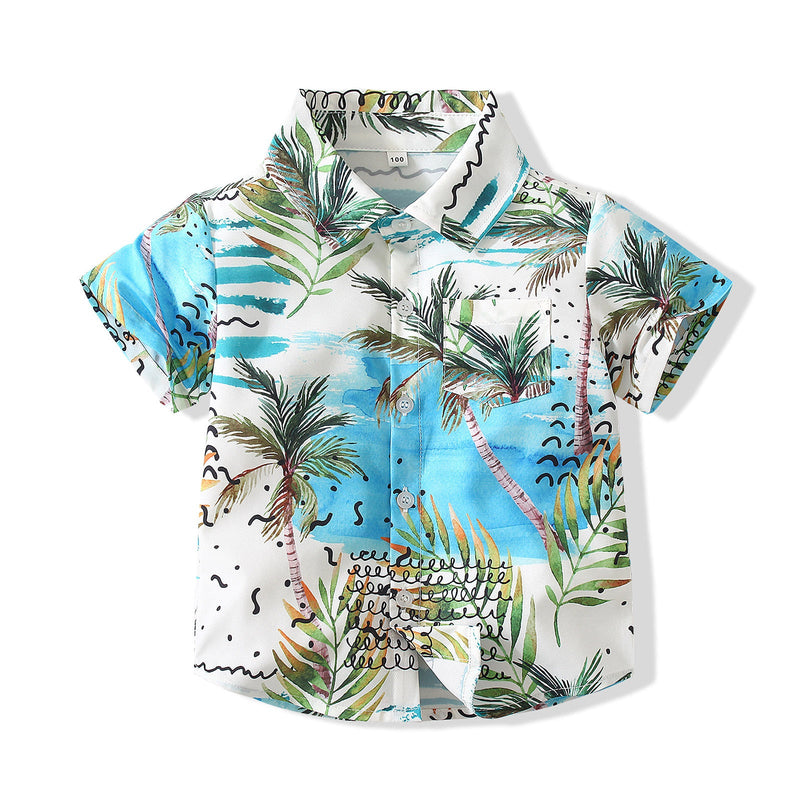 9months-5years Toddler Boy Beachwear Children's New Summer Boy Baby Seaside Vacation Coconut Tree Print Short-Sleeved Shirt - PrettyKid