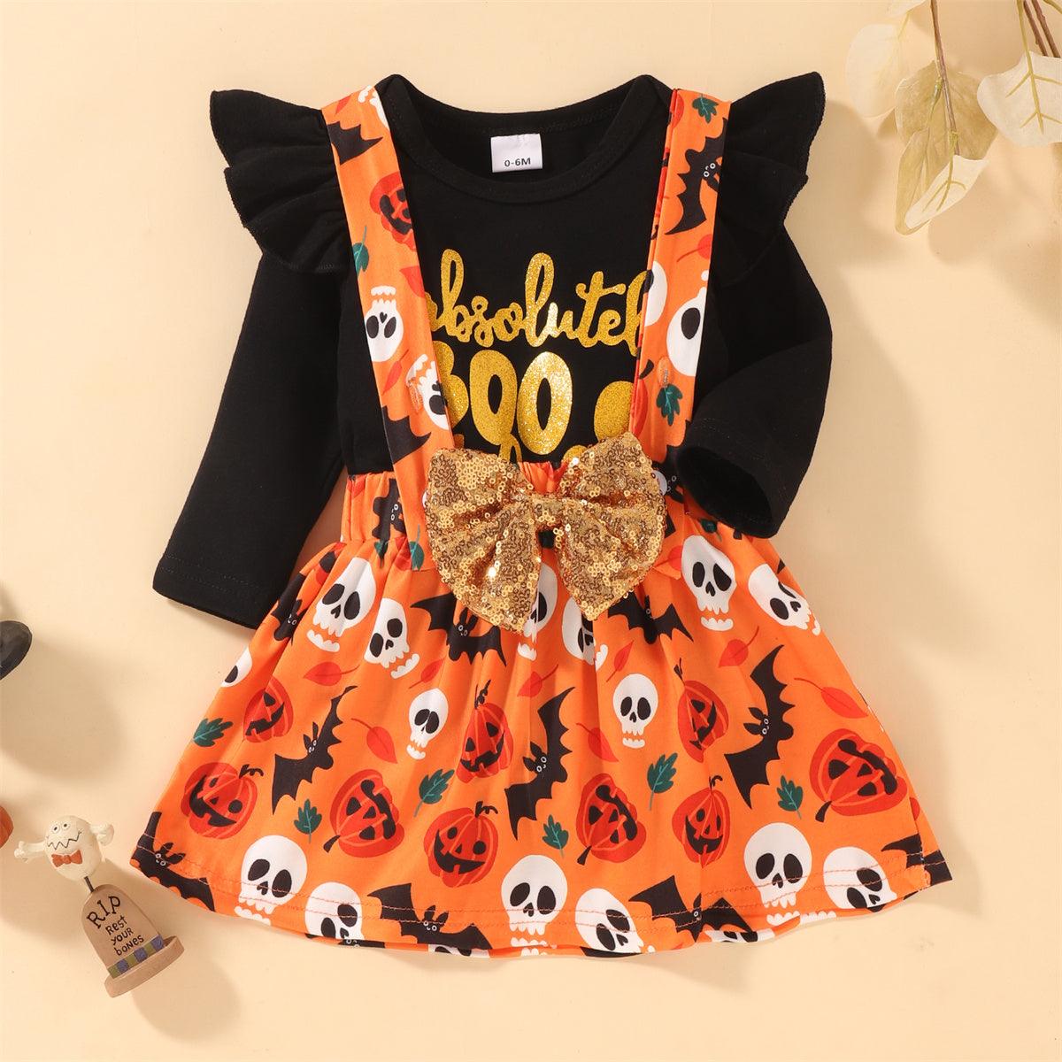 Toddler Girls Letter Print Long Sleeve Strap Skirt Two Piece Halloween Set - PrettyKid