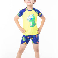 Kid Boy Dinosaur Patten Color-block Swimsuits & Swimming Cap 3 Pic - PrettyKid