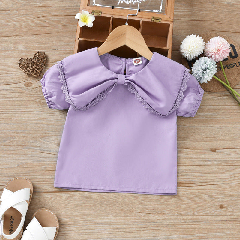 2-7years Kids Girls Tops Sweet Doll Collar Girls Solid Color Bubble Short Sleeve Tops Girls Children's Clothing - PrettyKid