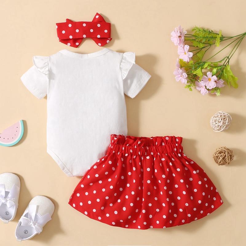 Baby Girl Letter Pattern Bodysuit & Polka Dot Skirt & Headband - PrettyKid