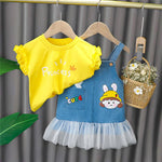 Toddler Girl Letter Print Top & Cartoon Pattern Suspender Dress - PrettyKid