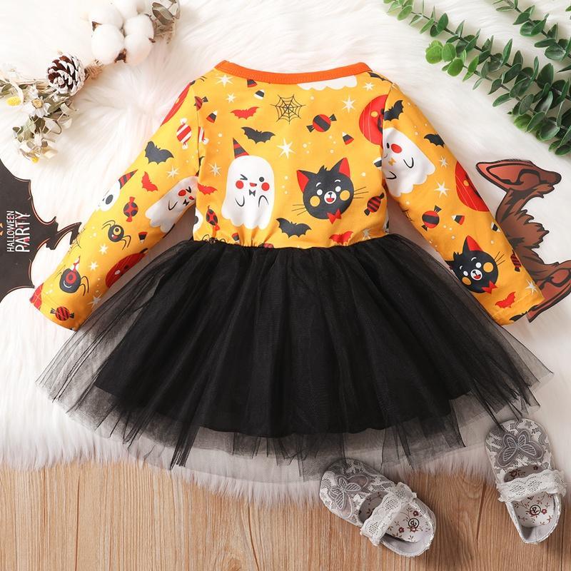 wee me baby clothes wholesale Baby Girl Cartoon Print Mesh Hem Dress - PrettyKid