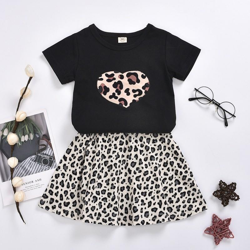 Loepard&Heart Print Top and Skirt Set Wholesale children's clothing - PrettyKid