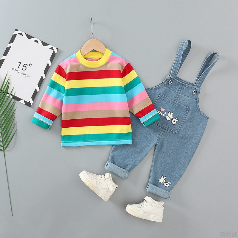 9months-5years Toddler Girl Sets Children's Suits Striped Long Sleeve T-Shirt & Denim Overalls Two-Piece Set - PrettyKid