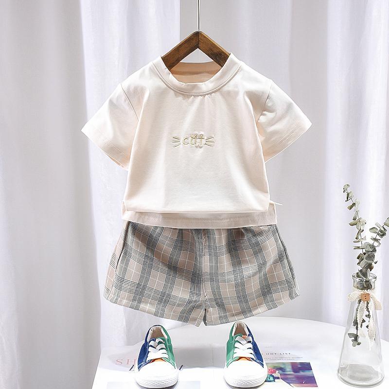 Toddler Girl Cat Embroidery Top & Plaid Shorts - PrettyKid