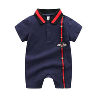 Preppy Stripes Lapel Short-sleeve Jumpsuit Children's clothing wholesale - PrettyKid