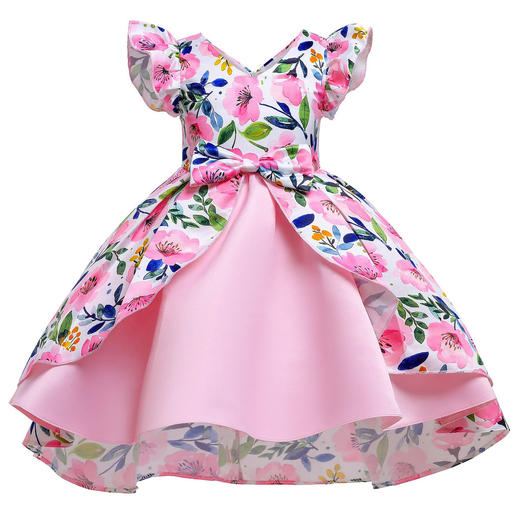 18months-9years Girls Formal Dresses Floral Print Flying Sleeves Irregular Stitching V-Neck Wholesale Girls Fashion Clothes - PrettyKid