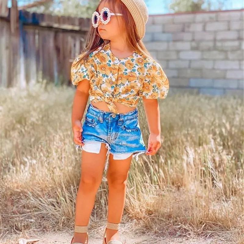 Toddler Girl Floral Pattern Summer Suit Small Chrysanthemum Short Sleeve & Denim Shorts Children's Clothing - PrettyKid
