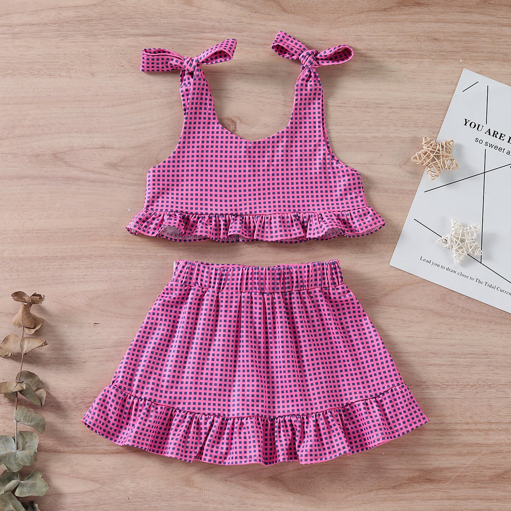 9M-4Y Toddler Girls Clothing Sets Plaid Ruffle Hem Cami Top & Skirts Wholesale Little Girl Clothing - PrettyKid