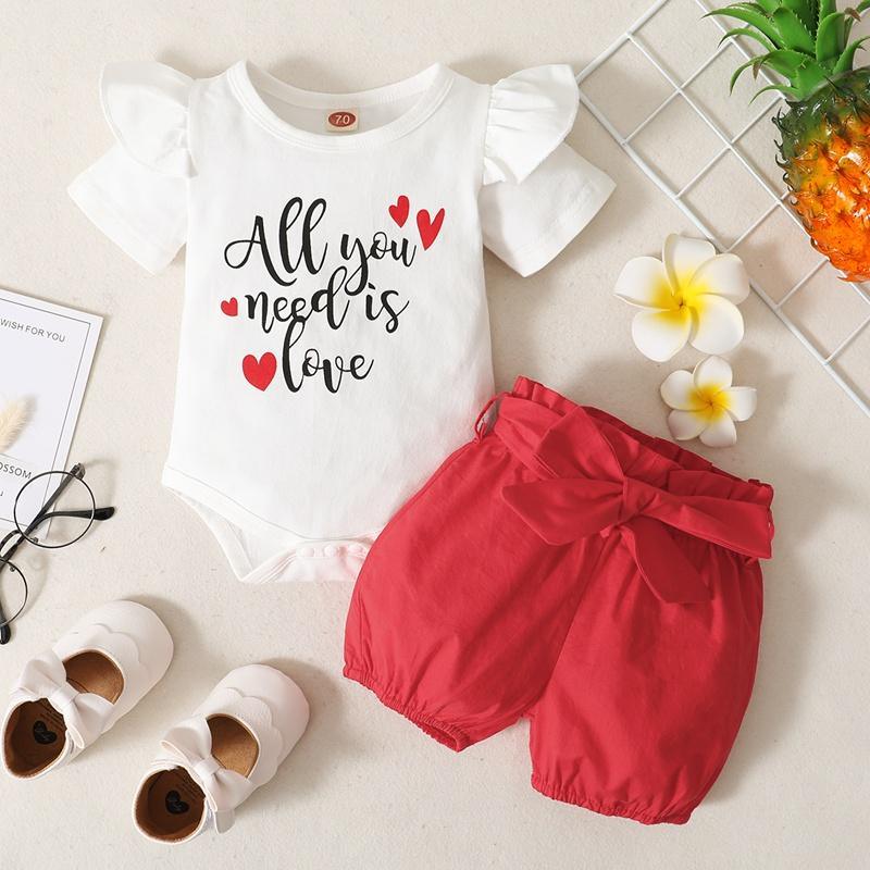 Baby Girl Letter Print Romper & Bowknot Shorts - PrettyKid