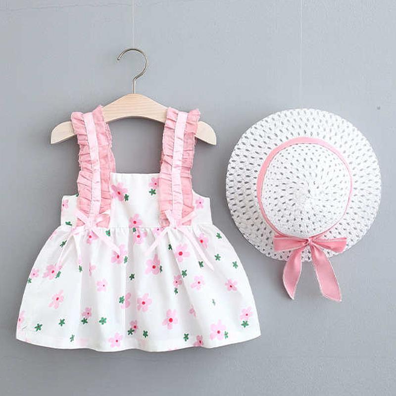 Baby Girl Boho Pattern Dress & Straw Hat With Bow Children's Clothing - PrettyKid