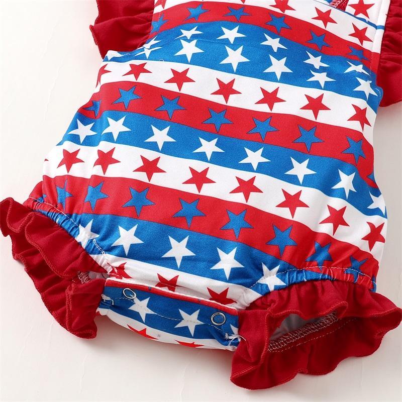 Baby Girl Independence Day Pentagram Print Striped Bodysuit & Headband - PrettyKid