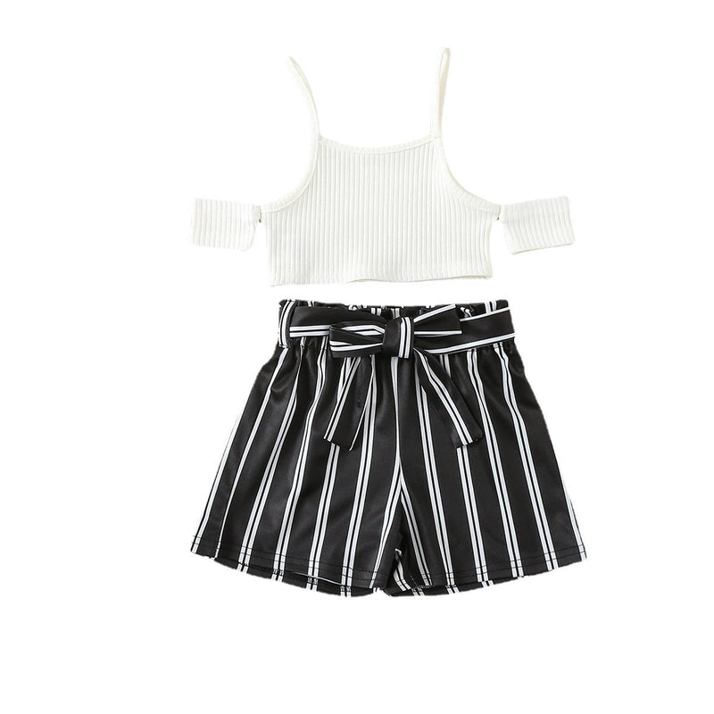 18months-6years Toddler Girl Sets Summer Girls Suit Solid Color Strapless Top Striped Shorts Suit - PrettyKid