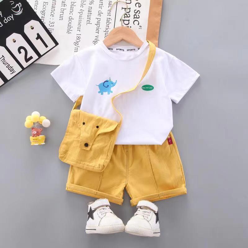 Toddler Boy Cartoon Elephant Pattern T-shirt & Shorts & Bag - PrettyKid