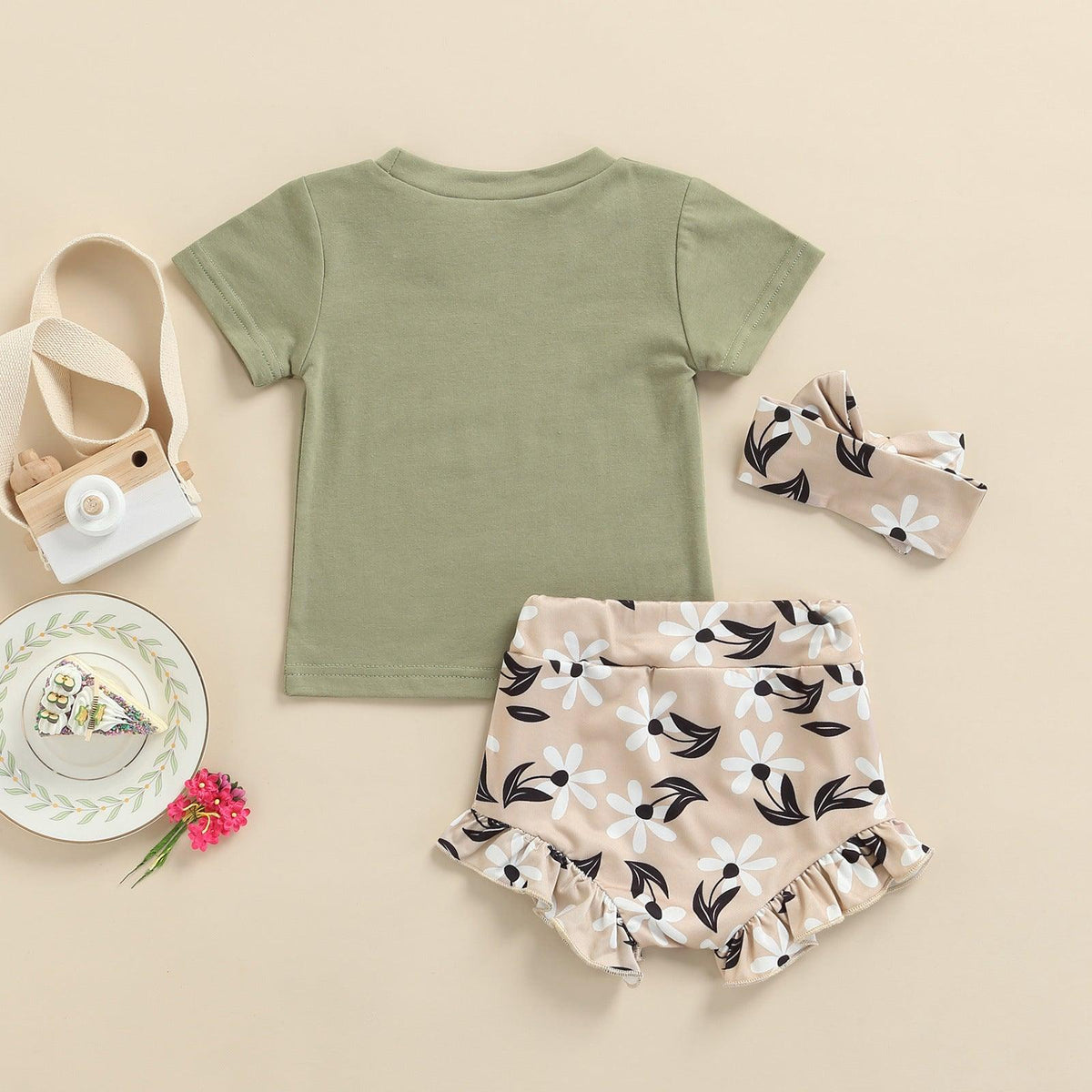 Baby Girl Letter Print T-Shirt And Floral Briefs With Headband Baby Outfit Sets - PrettyKid