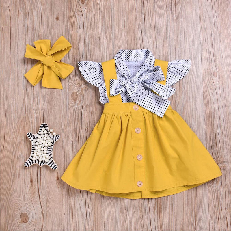 Toddler Girls Fly Sleeve Polka Dot Top Suspender Skirt & Headdress - PrettyKid