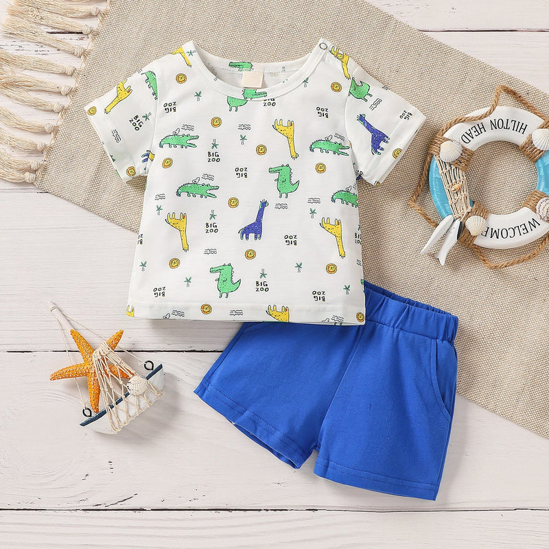Baby Boy Dinosaur Print T-Shirt And Shorts Two Piece Baby Sets - PrettyKid
