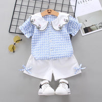 Toddler Girl Irregular Collar Check Top & Bow Element Shorts Wholesale Children's Clothing - PrettyKid