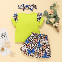 Baby Girl Leopard Print Fly-Sleeve Top And Shorts With Headband Two Piece Baby Sets - PrettyKid