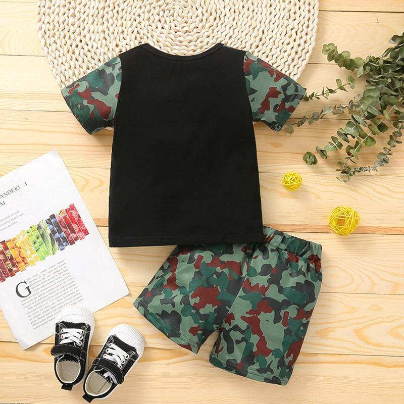 Toddler Boy Letter Print Camouflage T-shirt & Shorts - PrettyKid