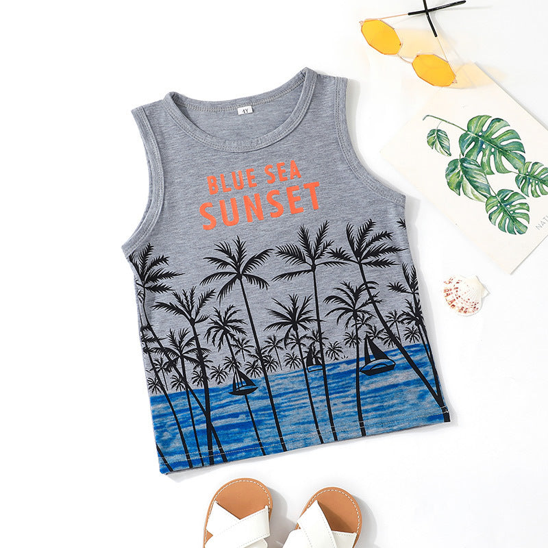 3-7Y Toddler Boys Letter Coconut Tree Print Tank Tops Wholesale Boys Clothing - PrettyKid