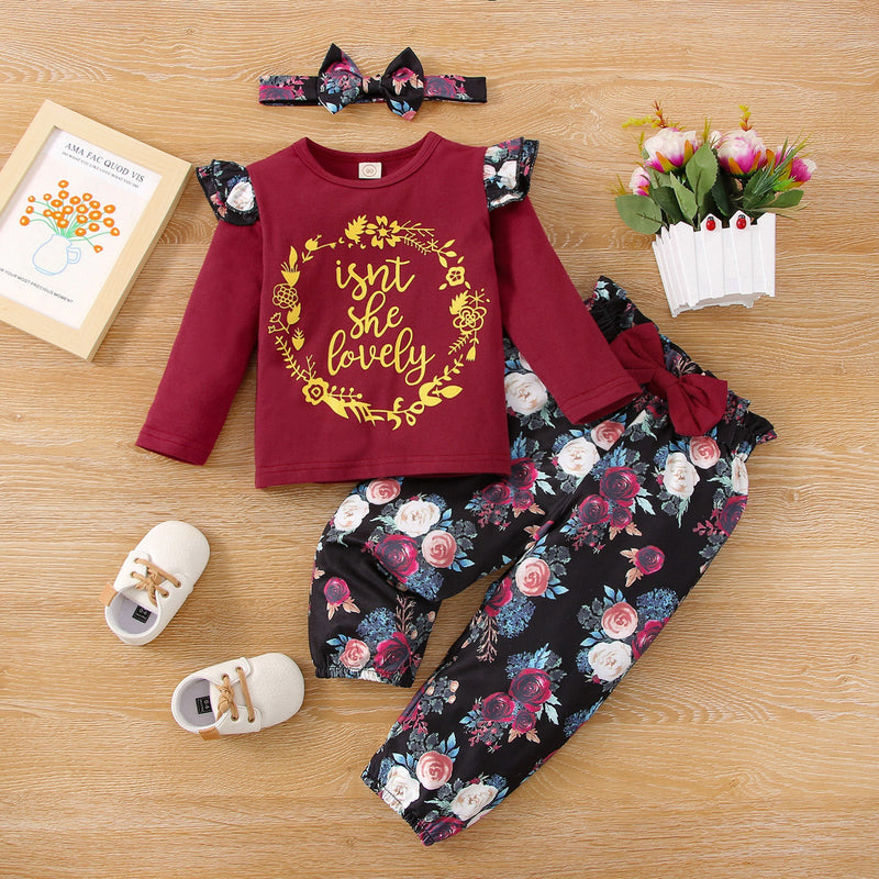 9months-4years Baby Toddler Girl Sets Children's Three Pcs Suits Wholesale 2022 Spring New Flying Sleeve Tops & Trousers & Hair Band - PrettyKid