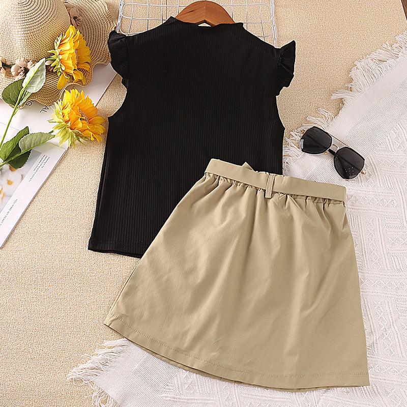 4-12Y 2 Piece Sets For Girls Casual Fly Sleeve Top Belt Skirt Wholesale Kids Boutique Clothing KS127618 - PrettyKid