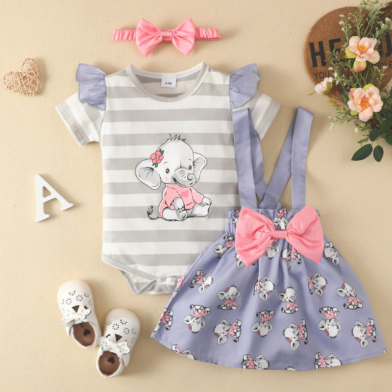 0-18months Baby Sets Children's Three-Piece Set Cotton Baby Girl Striped Elephant Ruffled Bow Shorts - PrettyKid