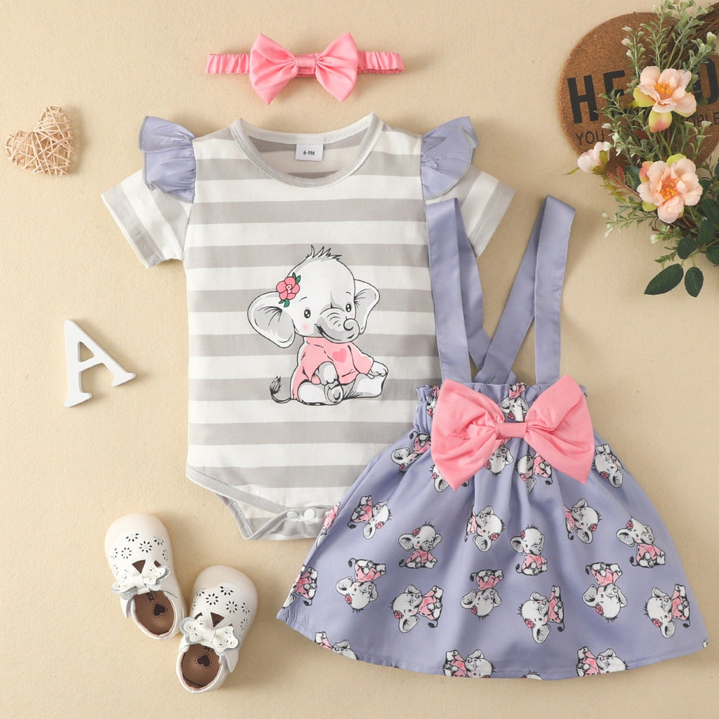 0-18months Baby Sets Children's Three-Piece Set Cotton Baby Girl Striped Elephant Ruffled Bow Shorts - PrettyKid