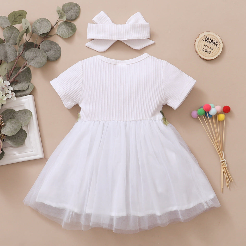 Baby Girl Floral Embroidered Mesh Ribbed Dress And Headband Baby Girl Tutu Dress - PrettyKid