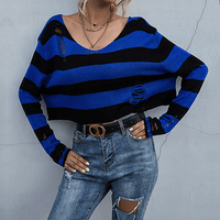 Women Pullover Round Collar Stripes Sweater - PrettyKid