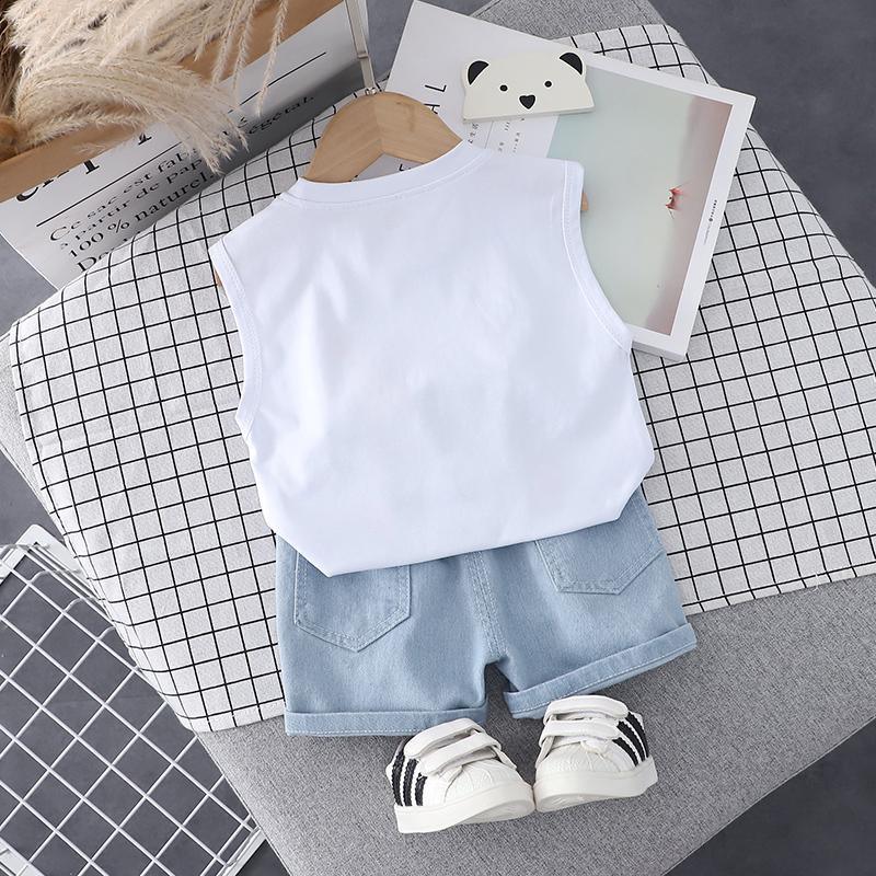 Toddler Boy Cartoon Bear Pattern Sleeveless Top & Denim Shorts - PrettyKid