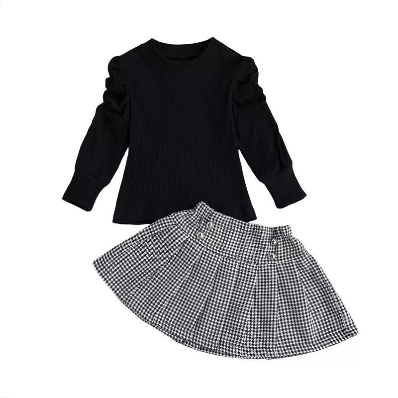 wholesale kids clothing suppliers Toddler Girl Solid Color Top & Plaid Print Skirt Wholesale Children's Clothing - PrettyKid