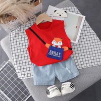 Toddler Boy Cartoon Fox Pattern Letter Print Sleeveless Top & Denim Shorts - PrettyKid