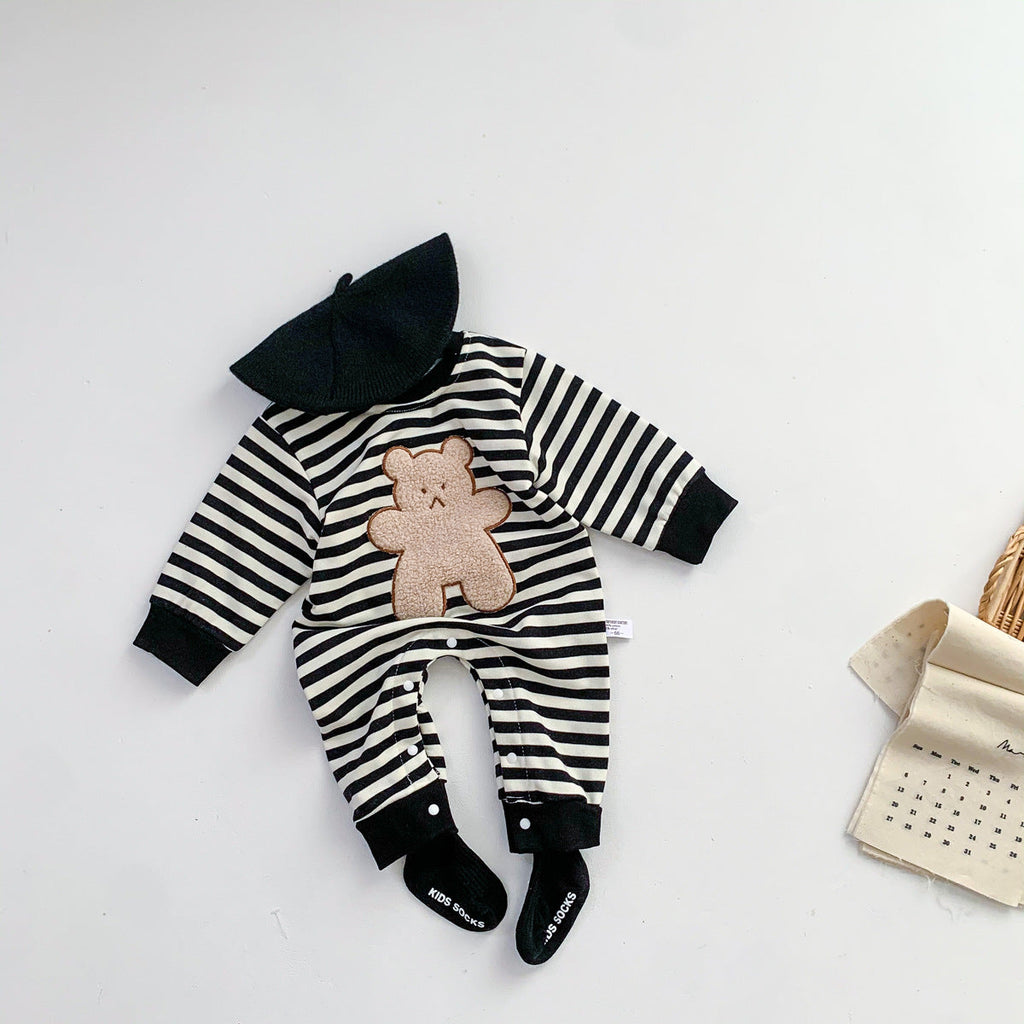 Bear Print Striped Newborn Jumpsuit Wholesale Kidswear - PrettyKid