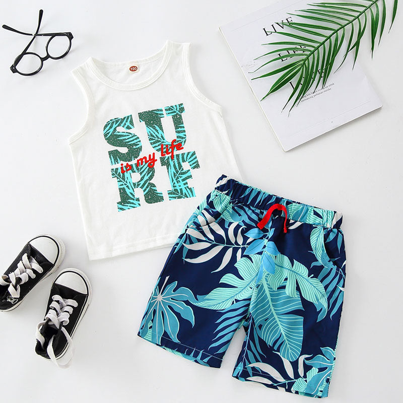 Boys Alphabet Print Tank Top And Leaf Shorts Toddler Boy Outfit Sets - PrettyKid