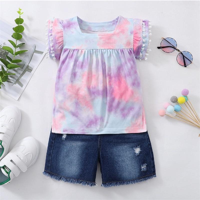 Toddler Girl Tiered Sleeve Tie Dye Top & Ripped Denim Shorts - PrettyKid