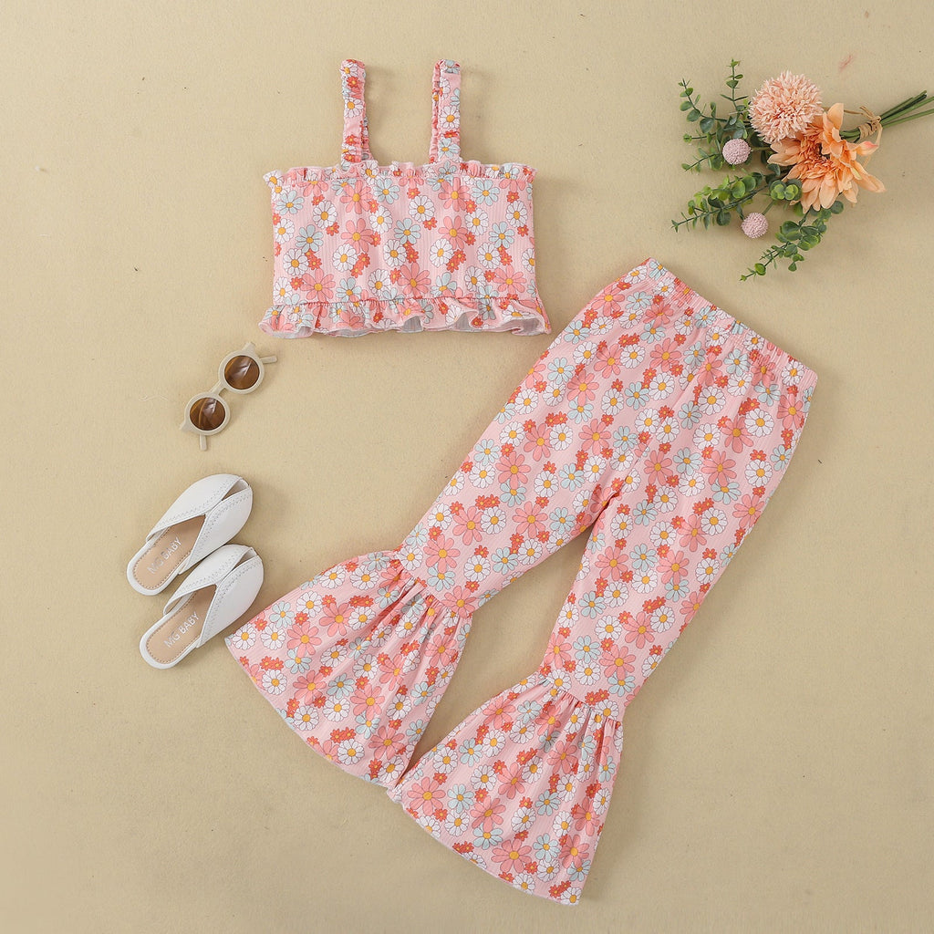 18M-6Y Toddler Girls 2 Pieces Sets Floral Print Cami Top & Bell Bottom Pants Fashion Girl Wholesale - PrettyKid