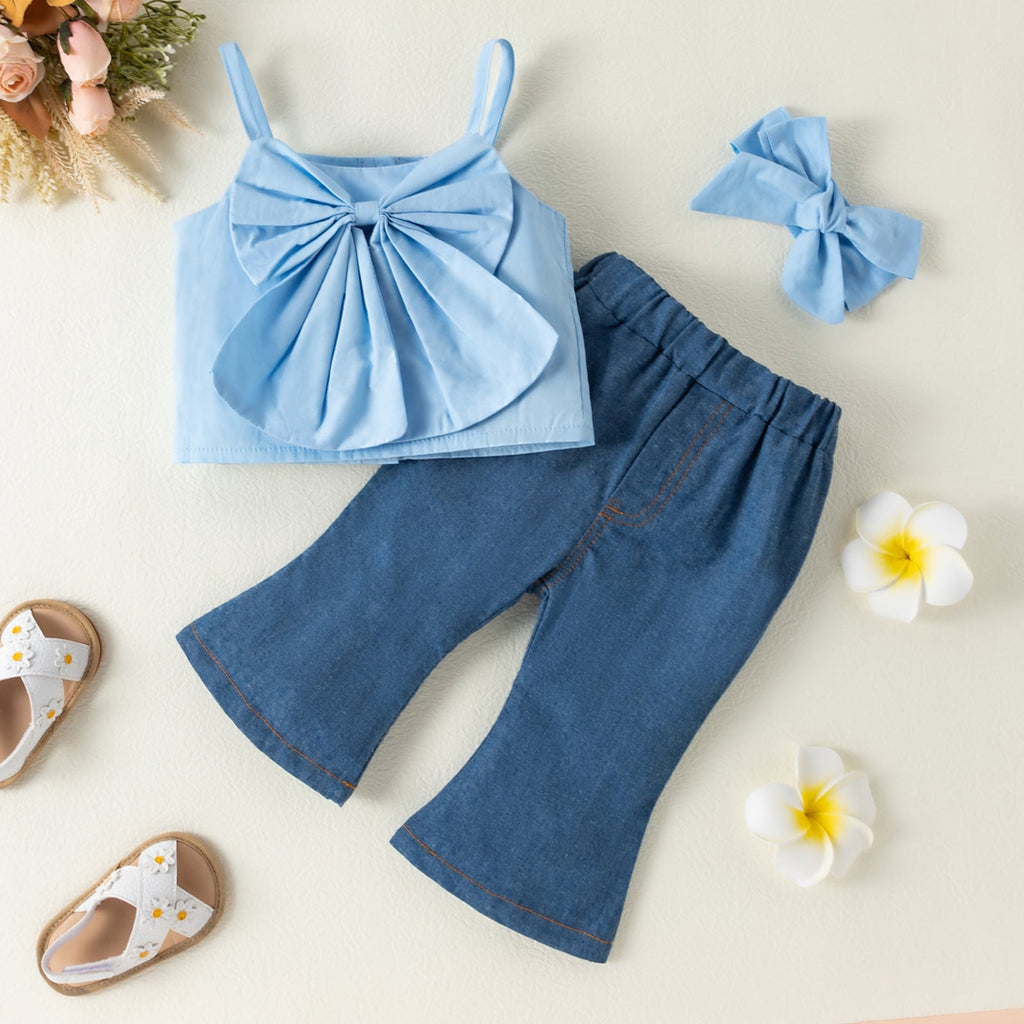 Baby Girl Bow Suspender Top And Denim Flares And Headband Cheap Baby Outfit Sets - PrettyKid