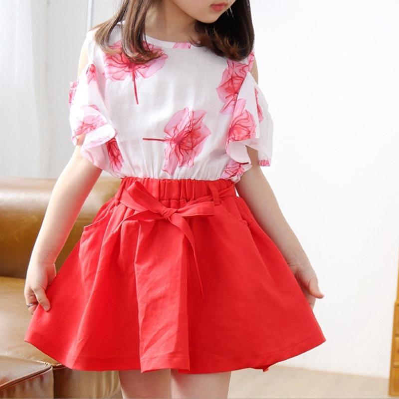 Toddler Girl Floral Pattern T-shirt & Solid Color Skirt Wholesale Children's Clothing - PrettyKid