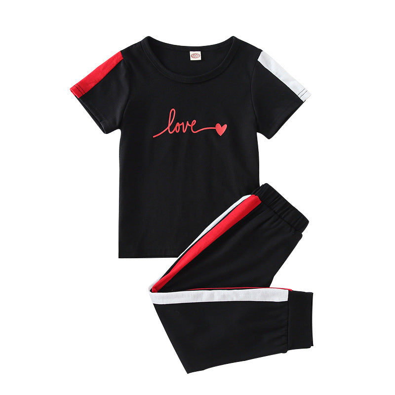 Colorblock Love Print T-Shirt And Sweatpants Toddler Girl Sets - PrettyKid