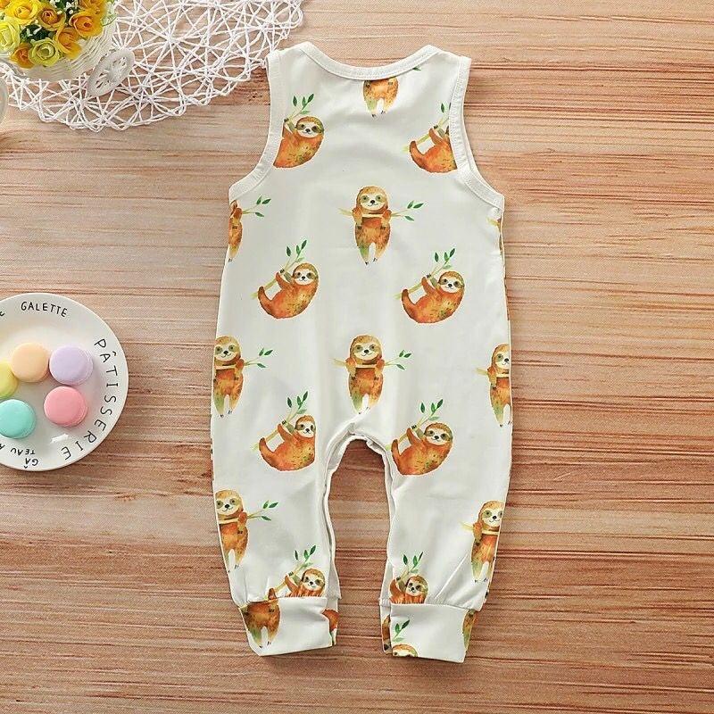 Baby Boy Cartoon Sloth Print Baby Sleeveless Jumpsuit - PrettyKid