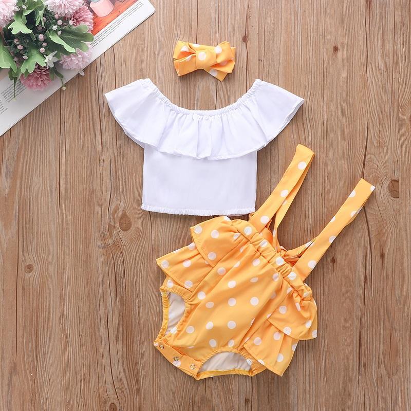 Baby Girl Ruffle Top & Suspender Shorts & Polka Dot Headband - PrettyKid