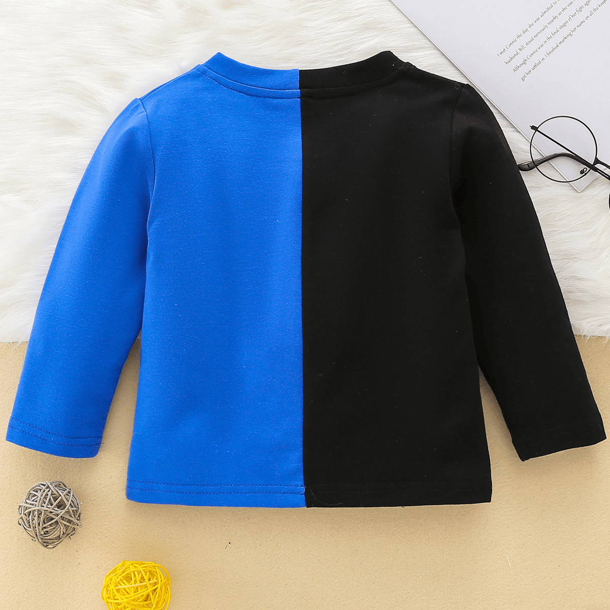 Toddler Boys Blue Black Mosaic Letter Print Round Neck Long Sleeve T-Shirt Top - PrettyKid