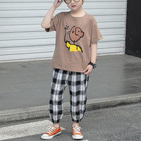 Boy Character Pattern Short Sleeves & Check Pants Children's Clothing - PrettyKid