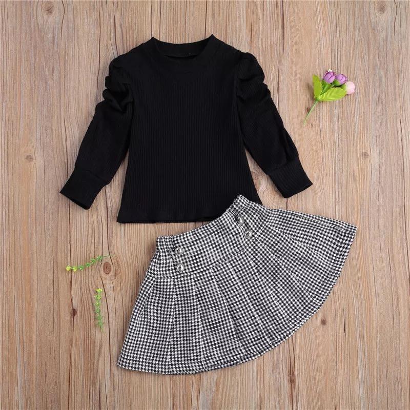 wholesale kids clothing suppliers Toddler Girl Solid Color Top & Plaid Print Skirt Wholesale Children's Clothing - PrettyKid