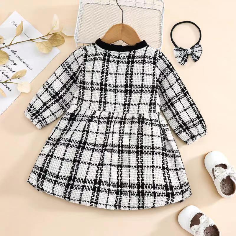 Checked Double Breasted Baby Girl Dresses With Headband - PrettyKid